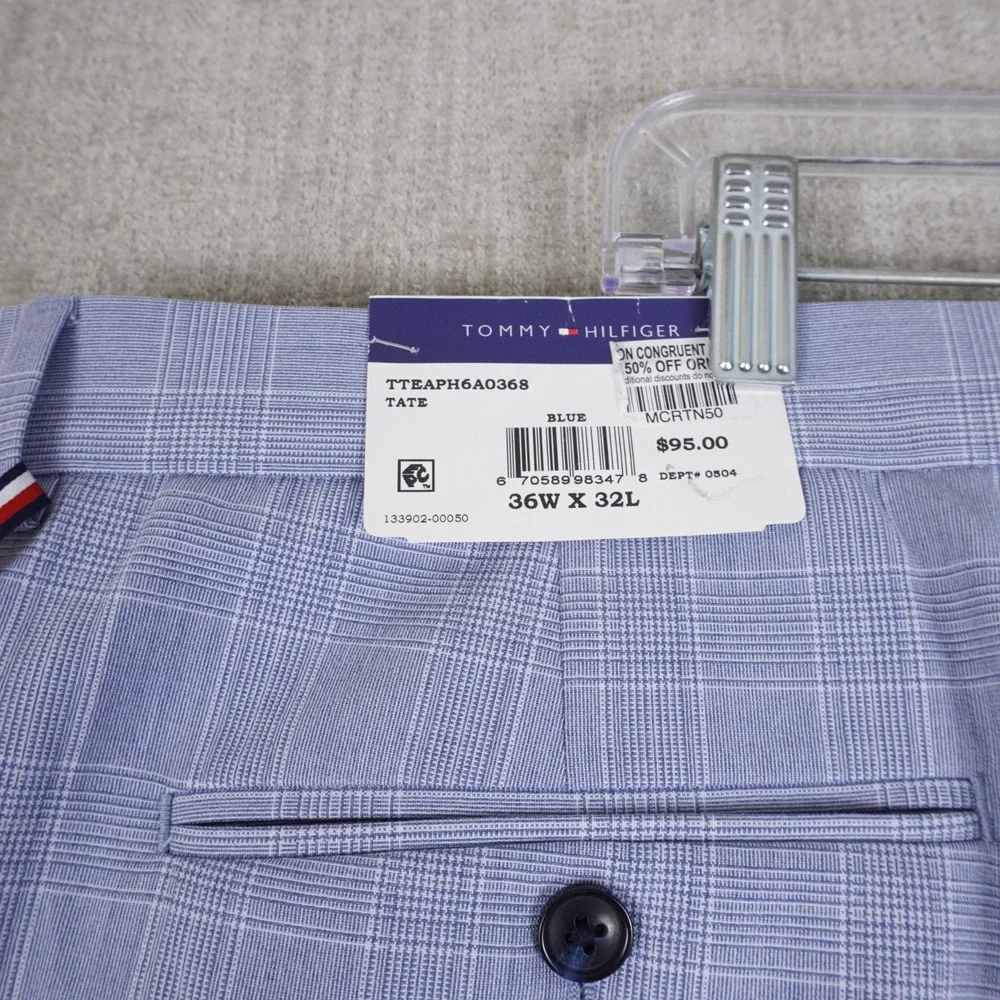 Tommy Hilfiger Mens TH Flex Tate Modern Fit Stretch Plaid Dress Pants Blue 46x32